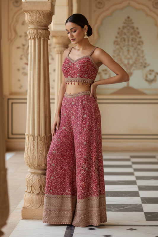 Rani Georgette Readymade Short Top Sharara Set With Georgette Dupatta
