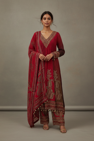 Maroon Crepe Readymade Sharara Set With Crepe Dupatta