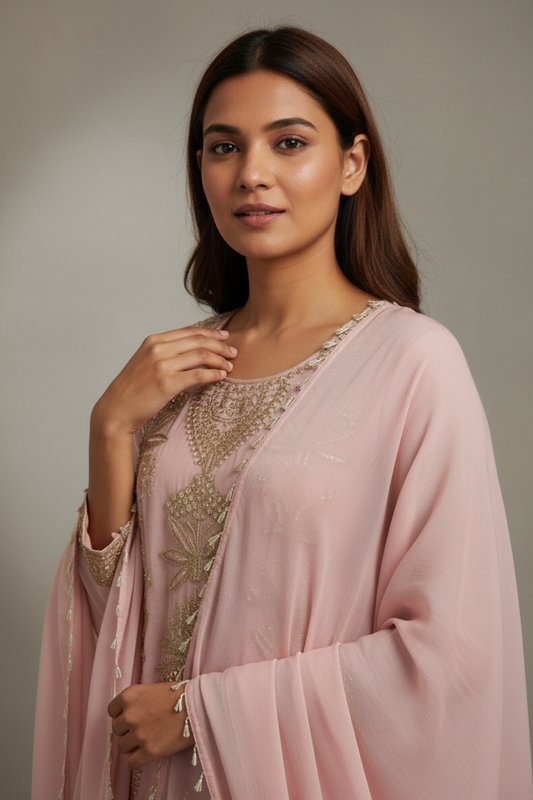 Peach Georgette Readymade Suit & Palazzo Pant With Georgette Dupatta