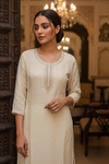 Off White Chinon Readymade Suit & Palazzo Pant With Organza Dupatta