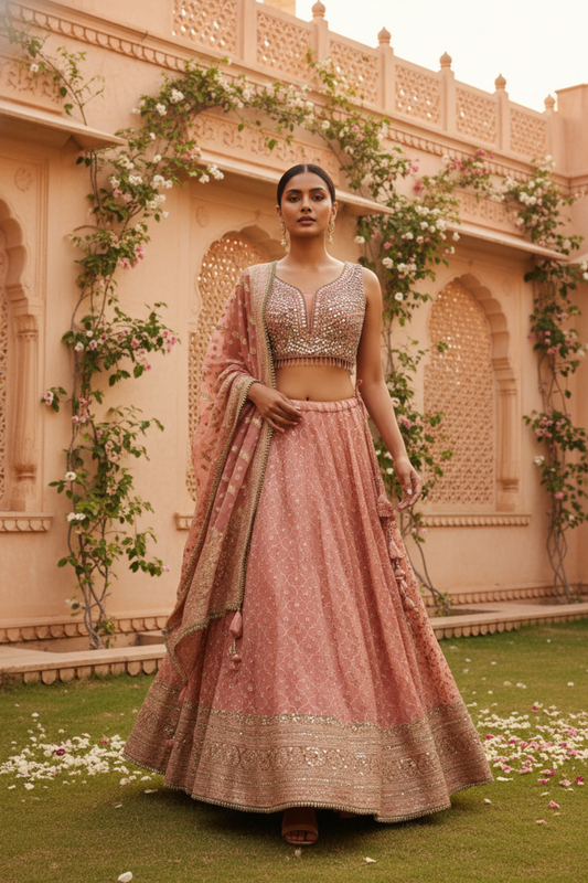 Gajari Dolna Lehenga Set And Net Dupatta With Readymade Blouse