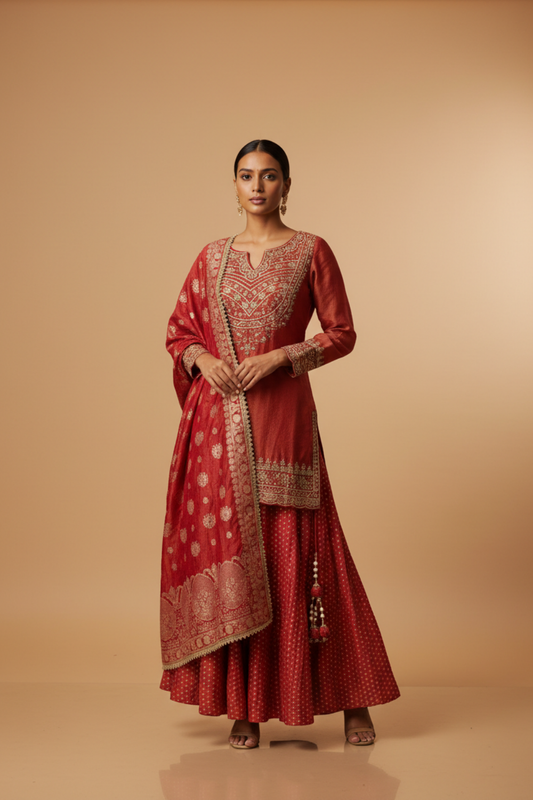 Maroon Tissue Lehenga Set And Net Dupatta With Readymade Blouse