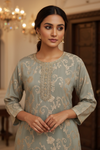 Grey Tissue Readymade Suit & Palazzo Pant With Organza Dupatta