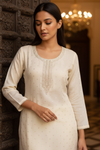 Off White Chinon Readymade Suit & Palazzo Pant With Organza Dupatta