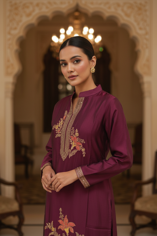 Garnet Organza Readymade Suit & Palazzo Pant With Organza Dupatta