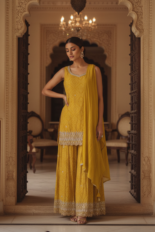 Mustard Chinon Readymade Sharara Set With Chinon Dupatta