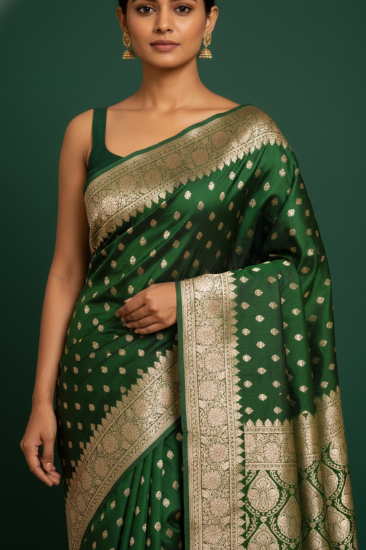 Regal Charm Bottle Green Banarasi Silk Saree With Unstitched Blouse