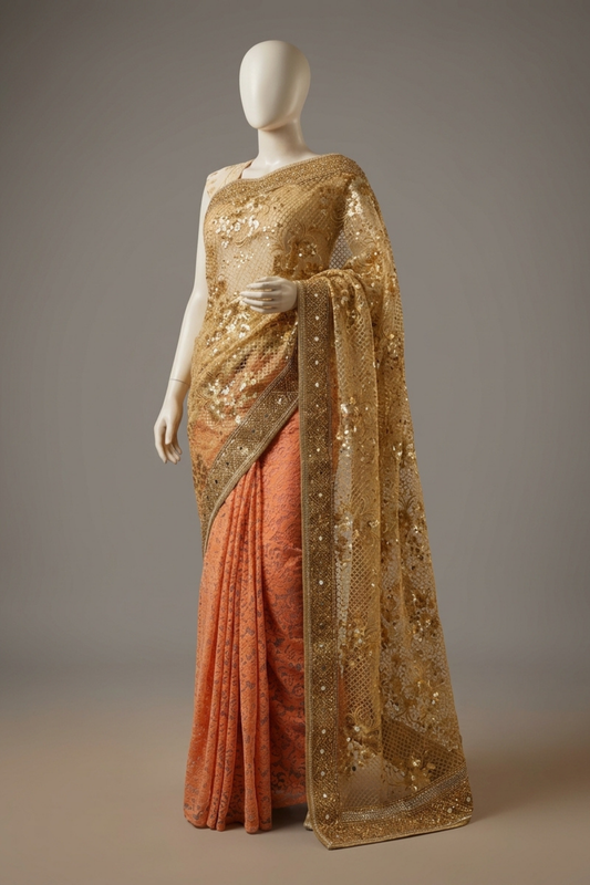 Tussar Orange Net Lace Embroidered Saree With Unstitched Blouse