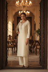 Off White Chinon Readymade Suit & Palazzo Pant With Organza Dupatta