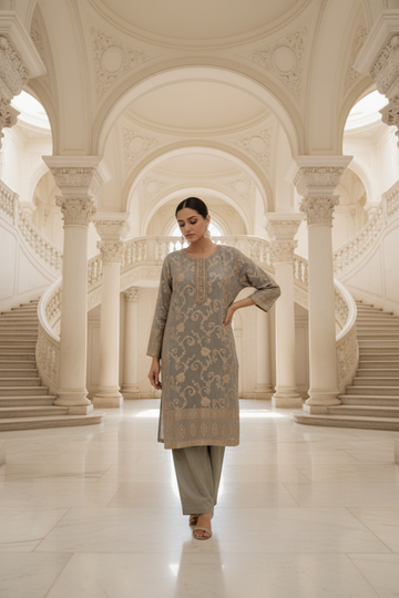 Grey Tissue Readymade Suit & Palazzo Pant With Organza Dupatta