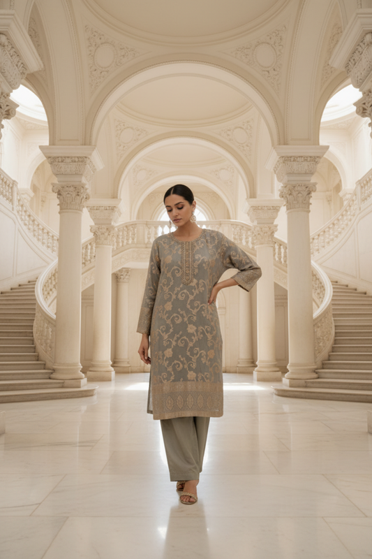 Grey Tissue Readymade Suit & Palazzo Pant With Organza Dupatta