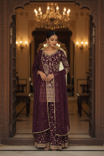 Garnet Georgette Readymade Sharara Set With Georgette Dupatta