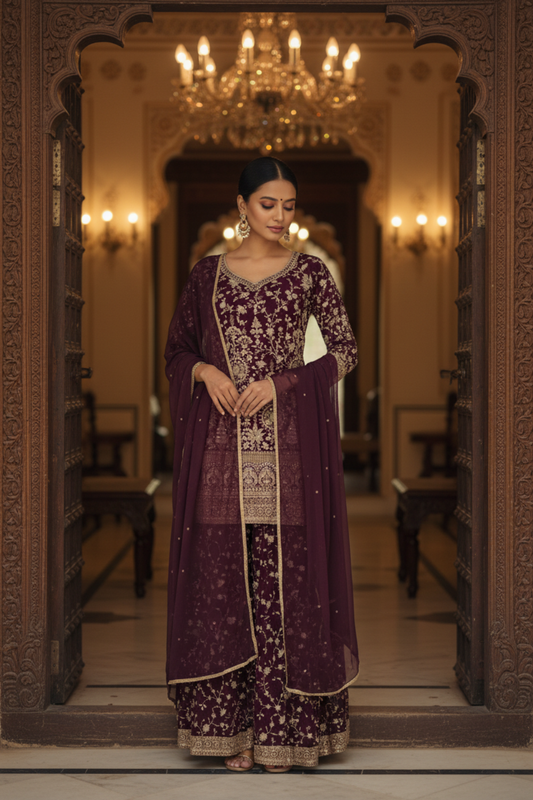 Garnet Georgette Readymade Sharara Set With Georgette Dupatta