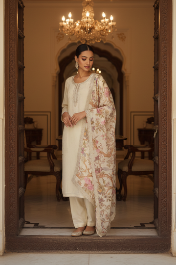 Off White Chinon Readymade Suit & Palazzo Pant With Organza Dupatta