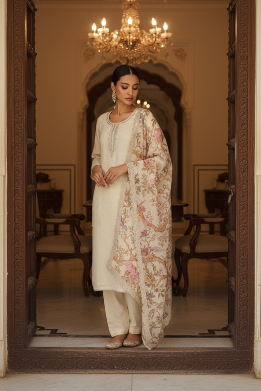 Off White Chinon Readymade Suit & Palazzo Pant With Organza Dupatta