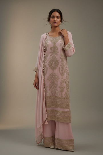 Peach Georgette Readymade Suit & Palazzo Pant With Georgette Dupatta