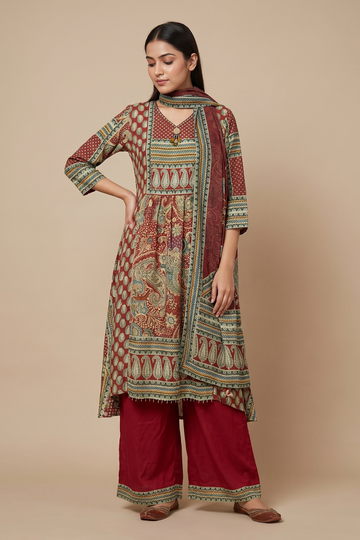 Maroon Crepe Readymade Suit And Plazzo With Chinon Dupatta