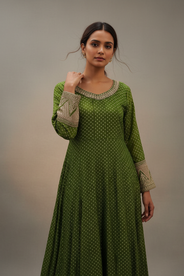 Mehndi Shimmer Floor Length Readymade Suit With Chinon Dupatta