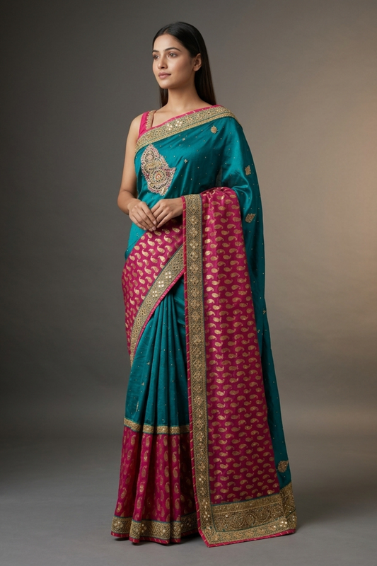 Rama Banarasi Silk Embroidered Saree With Unstitched Blouse