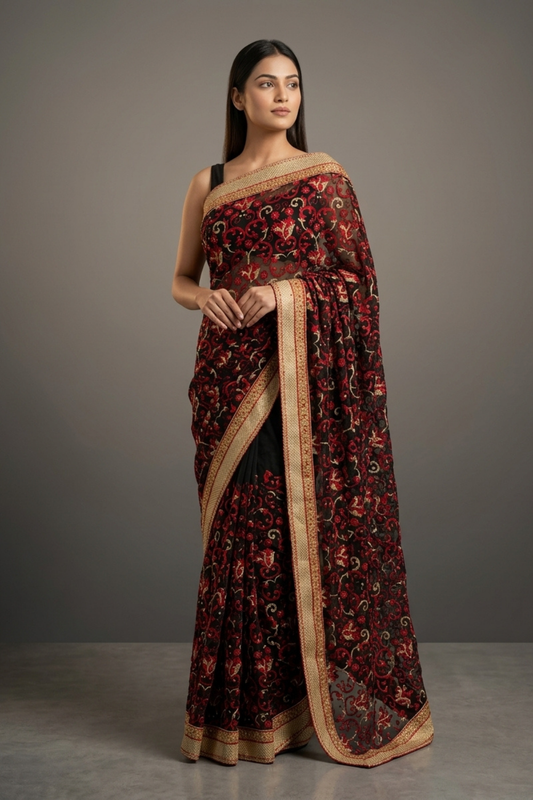 Black Georgette Embroidered Saree With Unstitched Blouse