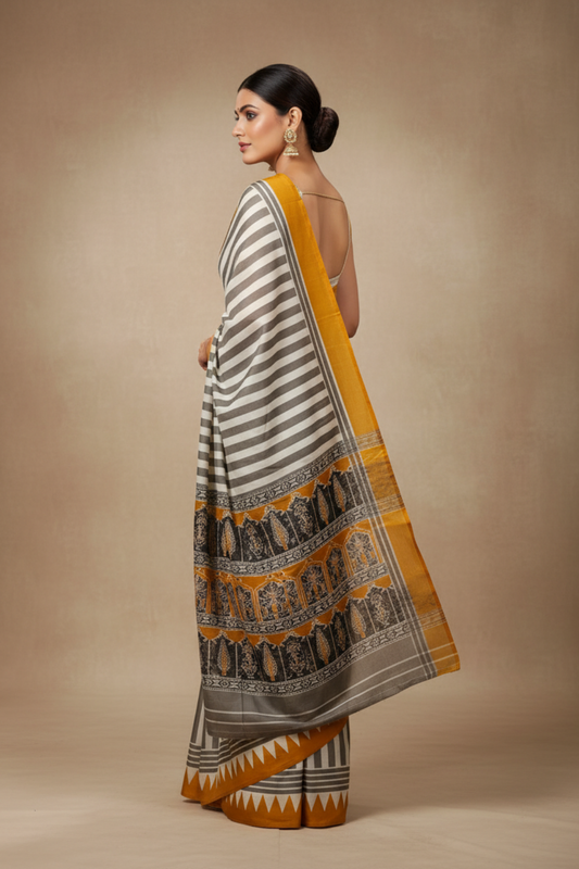 White Mustard Digital Printed Saree With Unstitched Blouse