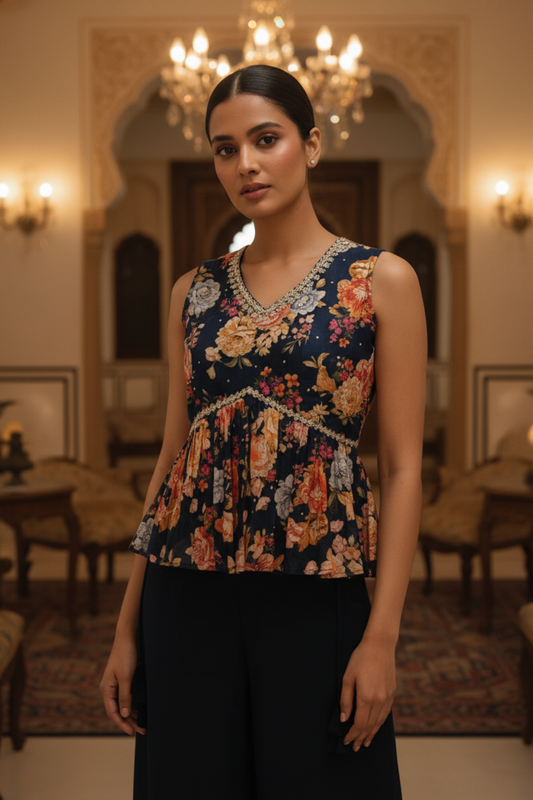 Navy Blue Crepe Readymade Sharara Set With Crepe Dupatta