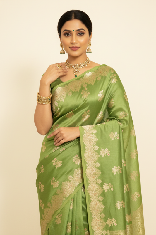 Wrapped In Elegance Pista Banarasi Silk Saree With Unstitched Blouse