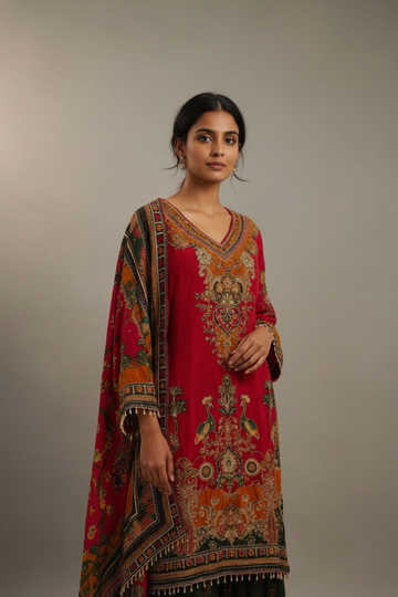 Maroon Crepe Readymade Suit And Sharara Set With Crepe Dupatta