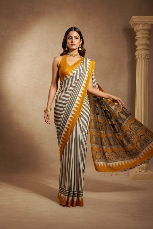 White Mustard Digital Printed Saree With Unstitched Blouse