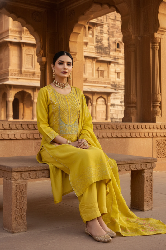 Shine Bright Mango Gold Dolna Readymade Suit Set And Pant With Dolna Dupatta