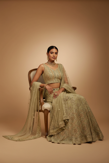 Pista Georgette Lehenga Set And Net Dupatta With Readymade Blouse
