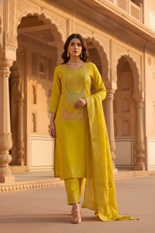 Shine Bright Mango Gold Dolna Readymade Suit Set And Pant With Dolna Dupatta