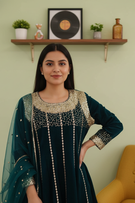 Bottle Garnet Cotton Readymade Suit With Dhoti Style Pant & Net Dupatta