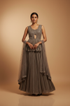 Grey Chinon Lehenga Set And Net Dupatta With Readymade Blouse