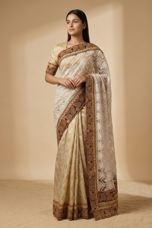 Off White Net Khaddi Embroidered Saree With Unstitched Blouse