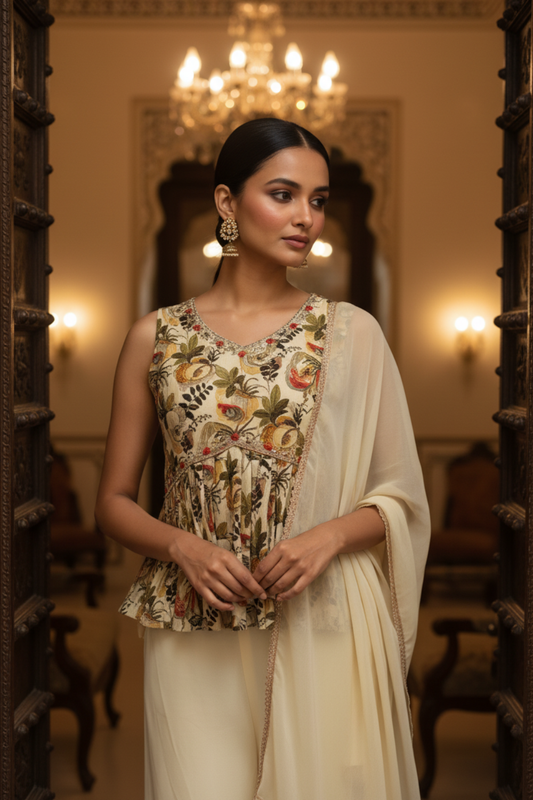 Lemon Crepe Readymade Sharara Set With Crepe Dupatta