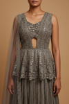 Grey Chinon Lehenga Set And Net Dupatta With Readymade Blouse