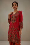 Red Crepe Readymade Suit And Palazzo Pant With Crepe Dupatta