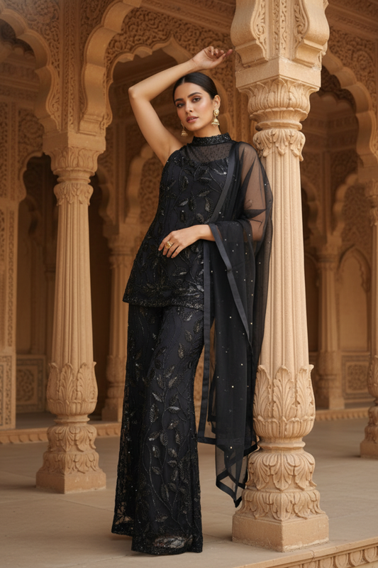 Bold Statement Black Net Readymade Sharara Set With Net Dupatta