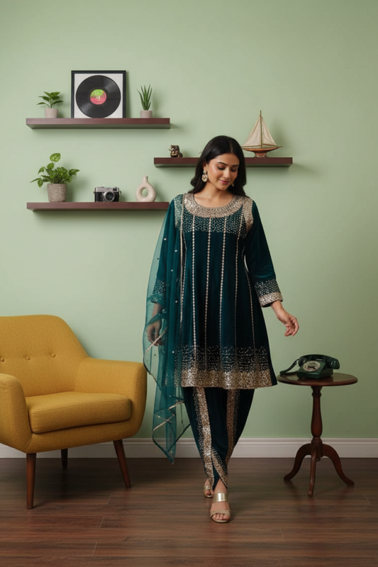 Bottle Garnet Cotton Readymade Suit With Dhoti Style Pant & Net Dupatta