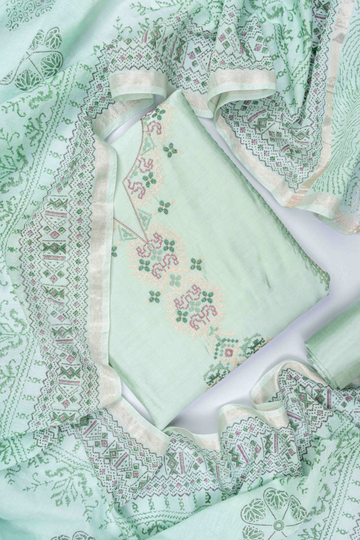 Sea Green Cotton Unstitched Salwar Suit With Cotton Dupatta