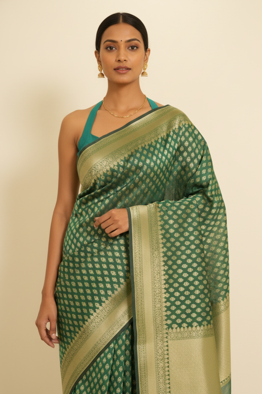 Soft Hues Rama Cotton Silk Saree With Unstitched Blouse
