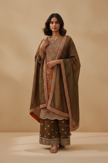 Rust Shimmer Readymade Sharara Set With Georgette Dupatta