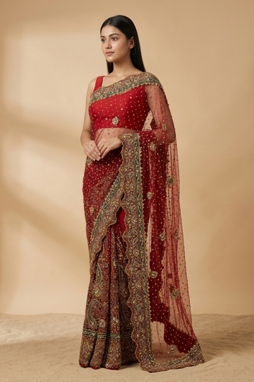 Maroon Net Embroidered Saree With Unstitched Blouse