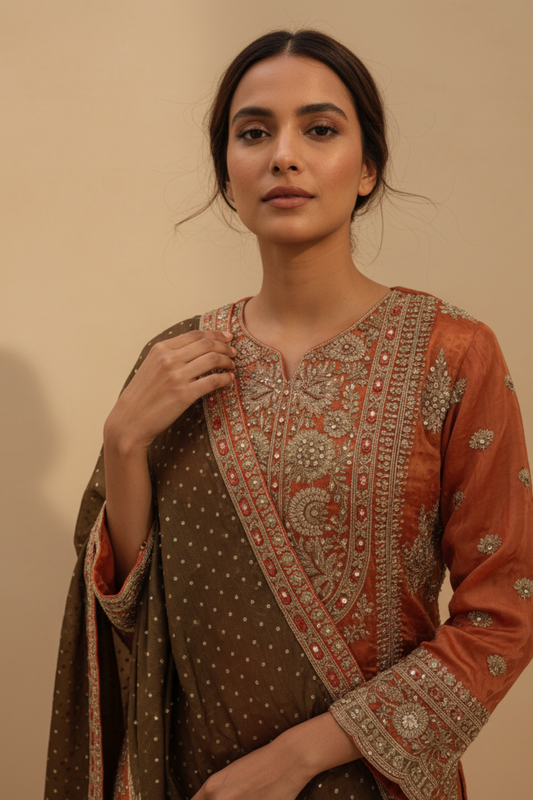 Rust Shimmer Readymade Sharara Set With Georgette Dupatta