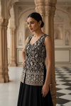 Black Georgette Short Top Readymade Sharara Set With Shrug