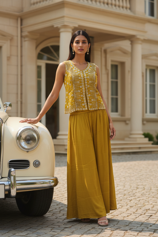 Lime Green Crepe Readymade Sharara Set With Crepe Dupatta