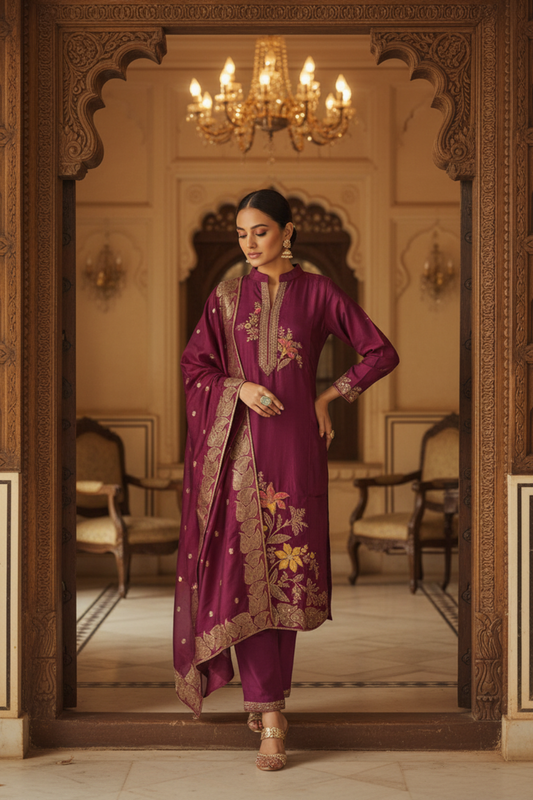 Garnet Organza Readymade Suit & Palazzo Pant With Organza Dupatta
