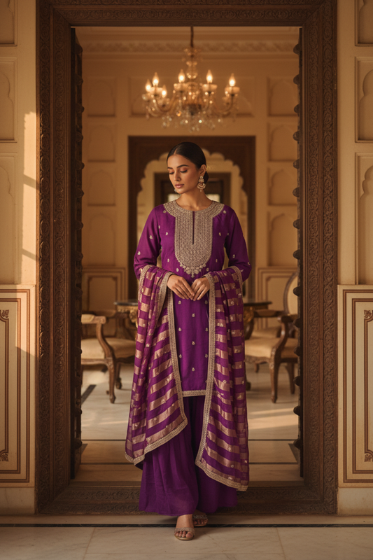 Megenta Organza Readymade Sharara Set With Organza Dupatta