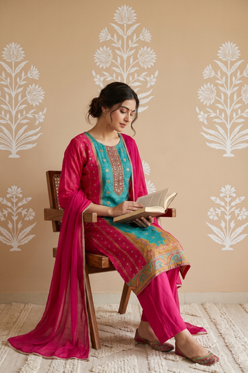 Rama Rani Tissue Readymade Suit And Plazzo With Tissue  Dupatta